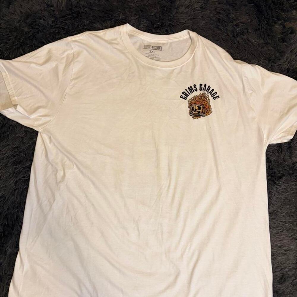 White grims garage tee size